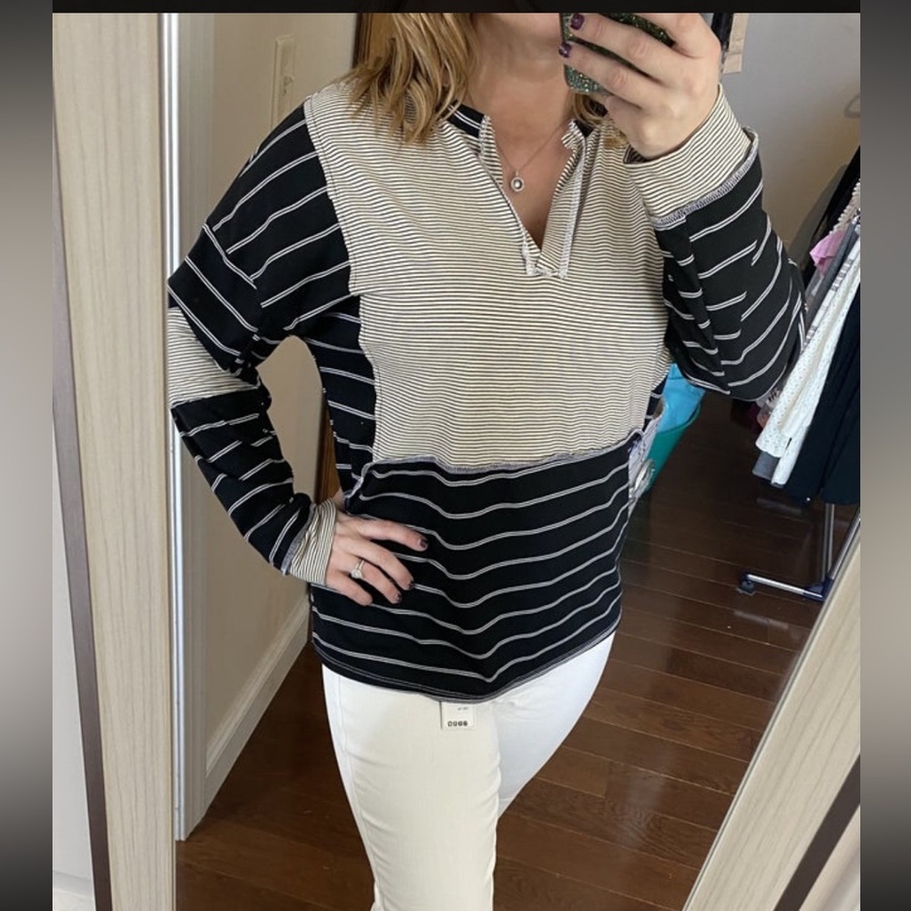 Brand new Black Tan Stripe Vneck Long Sleeve Top!